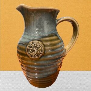 Colm De Ris Irish Pottery Pitcher Glazed Blue, Green, Tan. Made in Ireland.